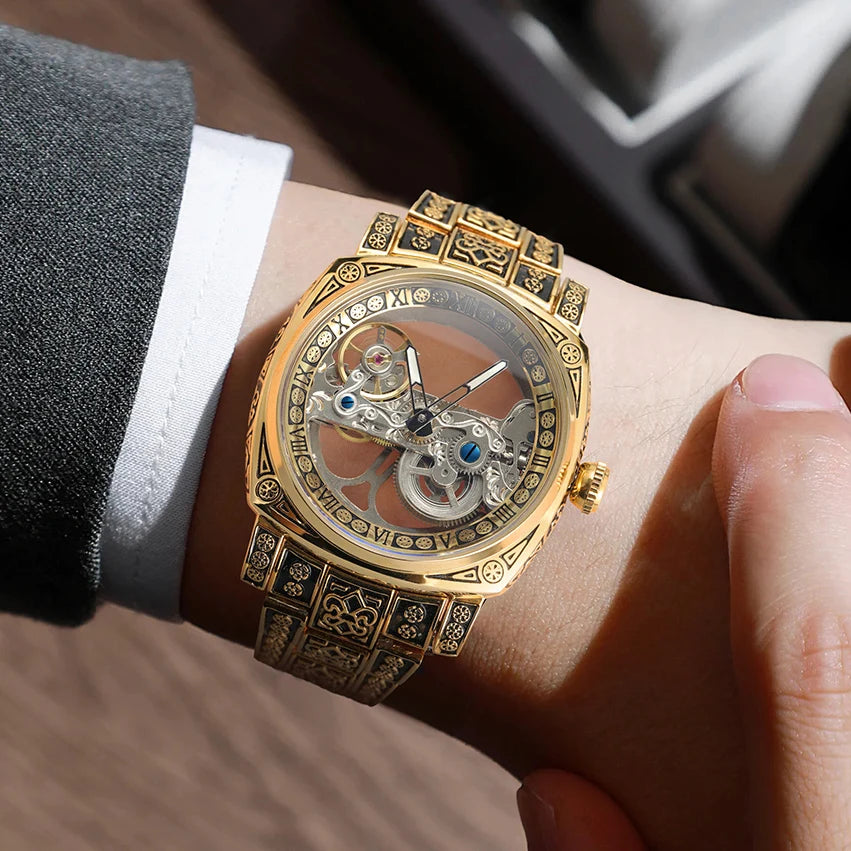 Excellence Luxury Gold Skeleton Mechanical Men Watch Automatic Movement Clock Stainless Steel Strip Male Bronze Wrist Watches