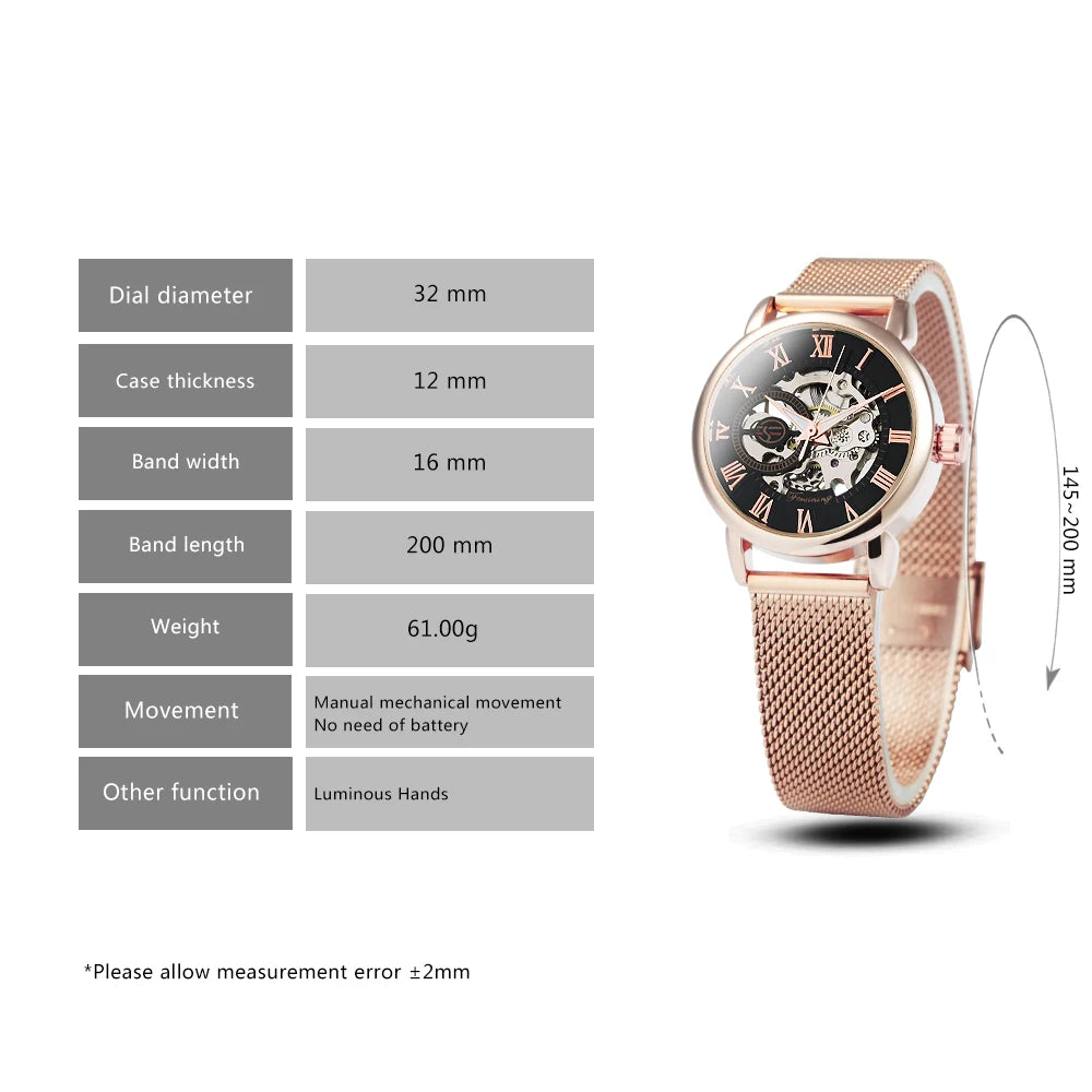 Excellence Rose Gold Skeleton Mechanical Watch for Women Fashion Luminous Hands Elegant Luxury Ladies Watches Mesh Steel Strap