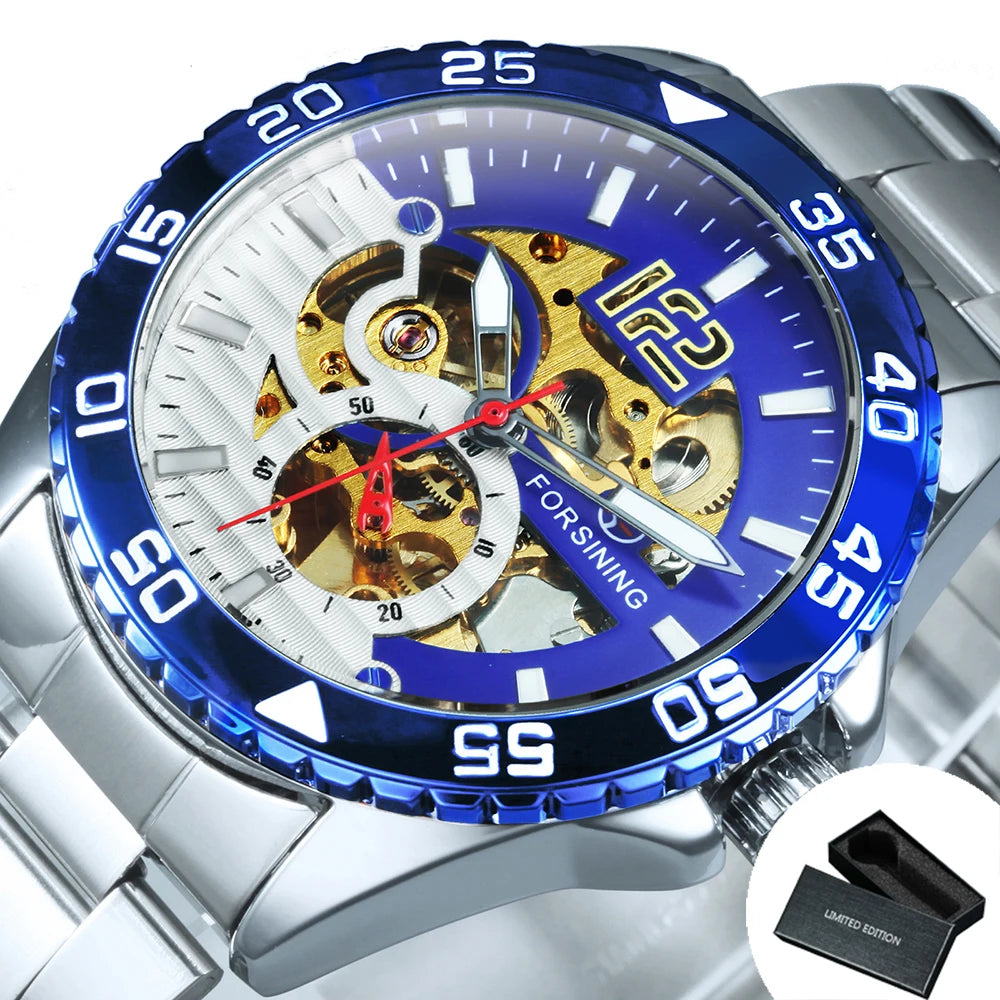 Excellence Skeleton Men's Watch Blue Rotatable Bezel Luxury Automatic Mechanical Watches Stainless Steel Band Wristwatch