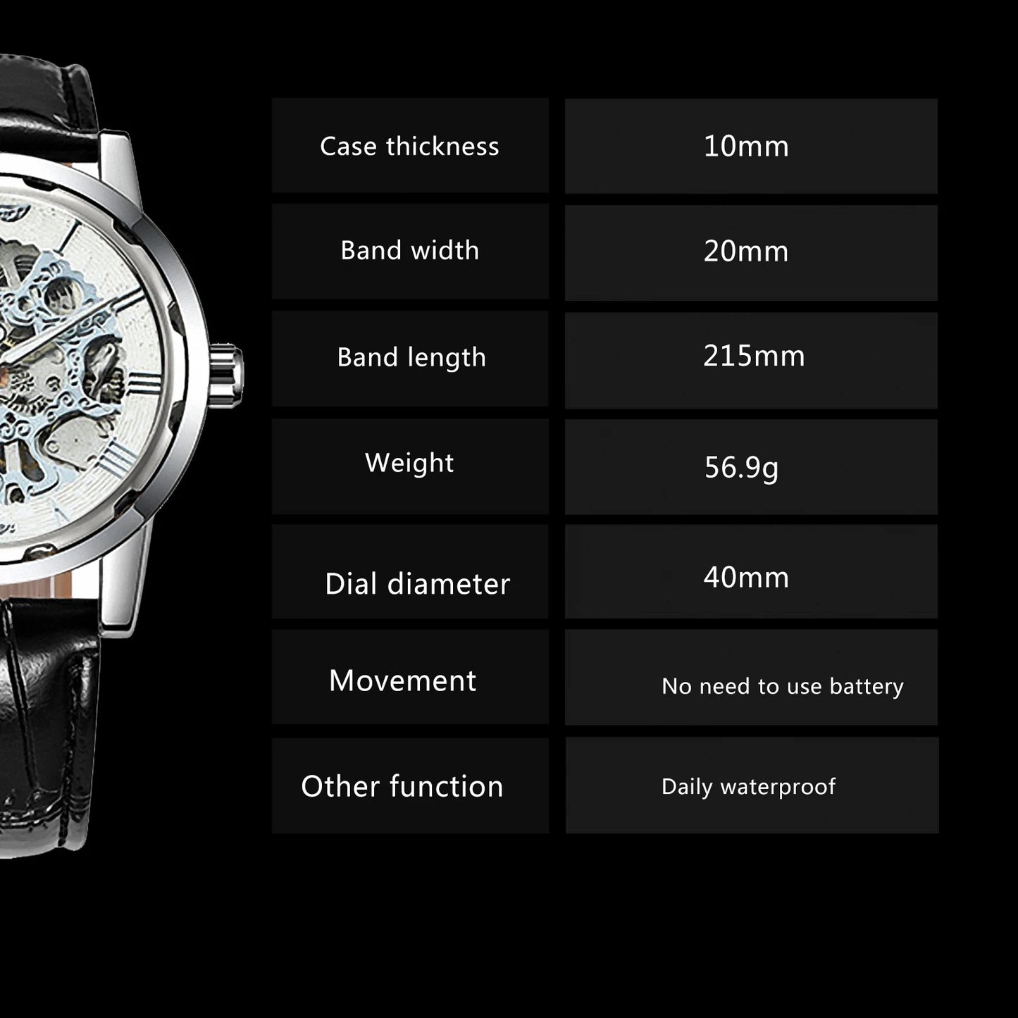 Excellence Transparent Skeleton Mechanical Watches Luminous Hands Silver White Retro Luxury Watch for Men Black Leather Belt