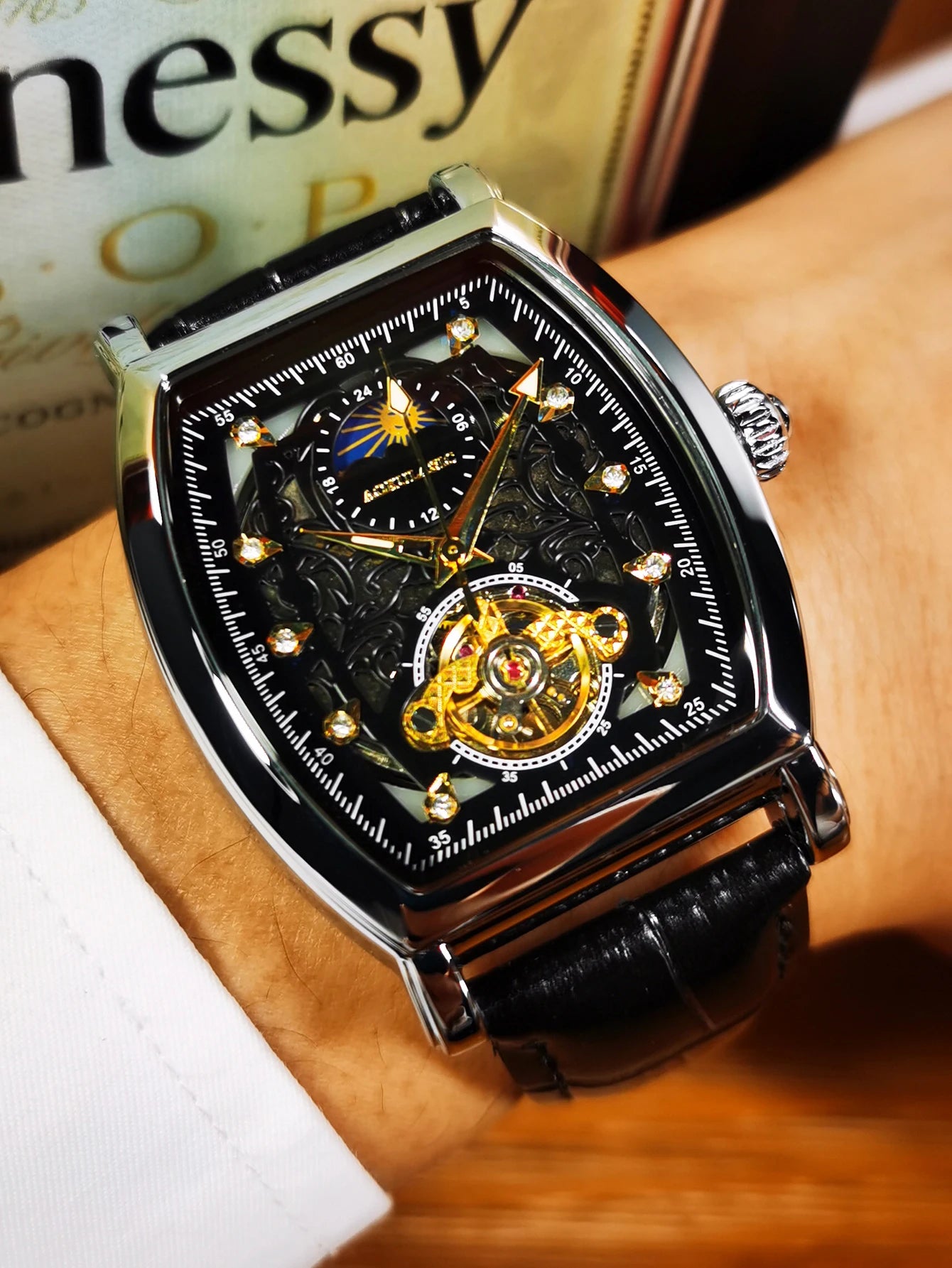 Excellence Tourbillon Iced Out Skeleton Automatic Mechanical Watches for Men Luxury Moon Phase Casual Leather Strap Men's Watch