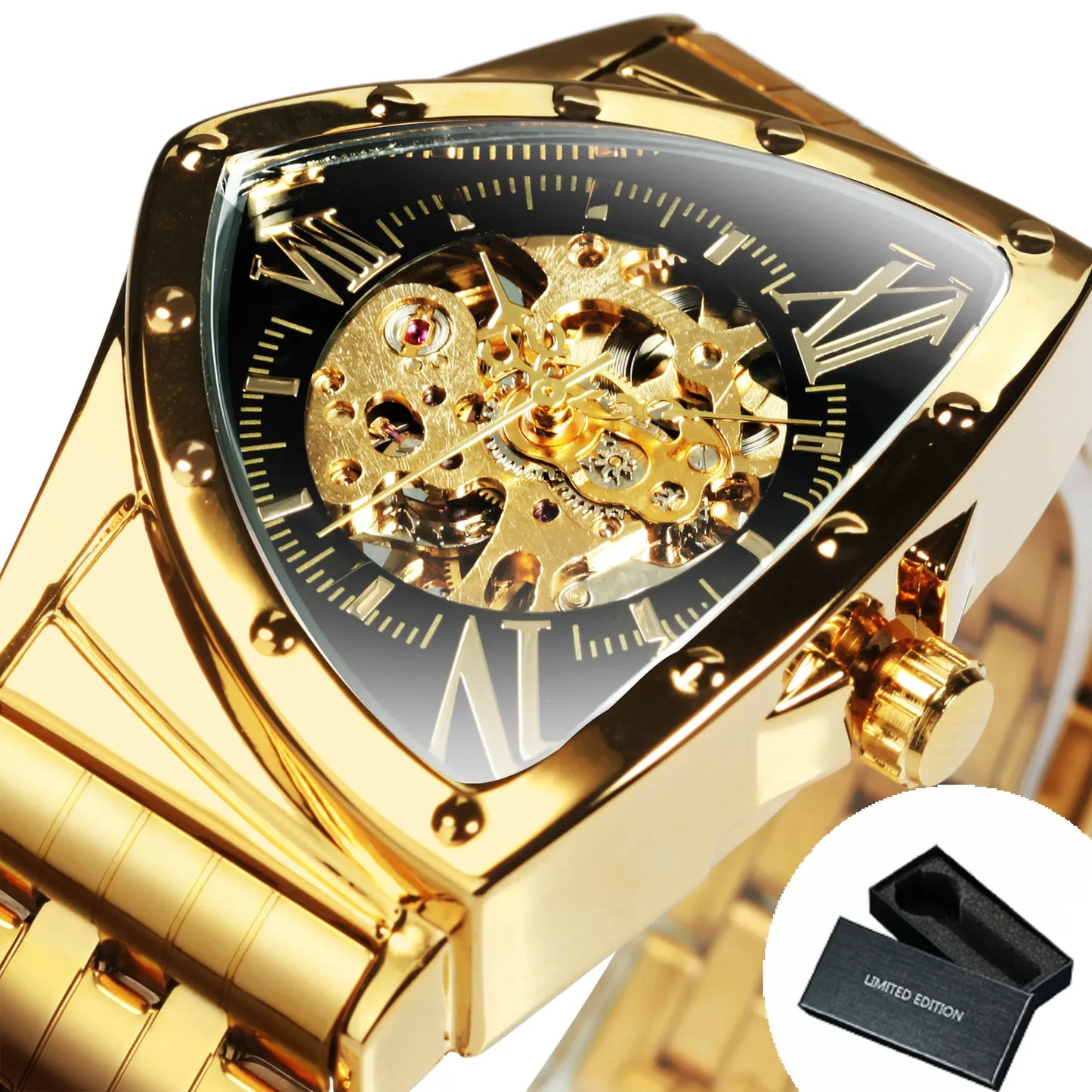 Excellence Military Triangle Skeleton Automatic Watch for Men Luxury Brand Stainless Steel Strap Fashion Sports Mechanical Watch