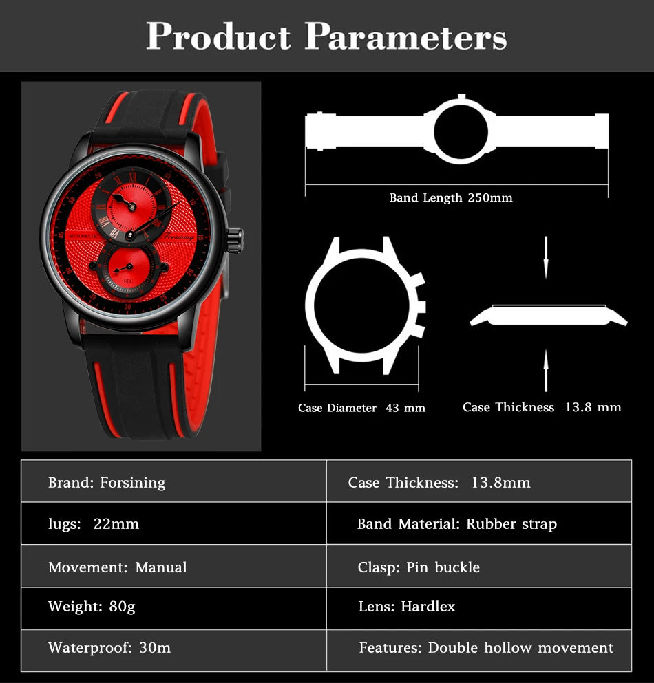 Excellence Red Casual Automatic Mechanical Watches Rubber strap Waterproof Men's Watch Top Brand Luxury Watch