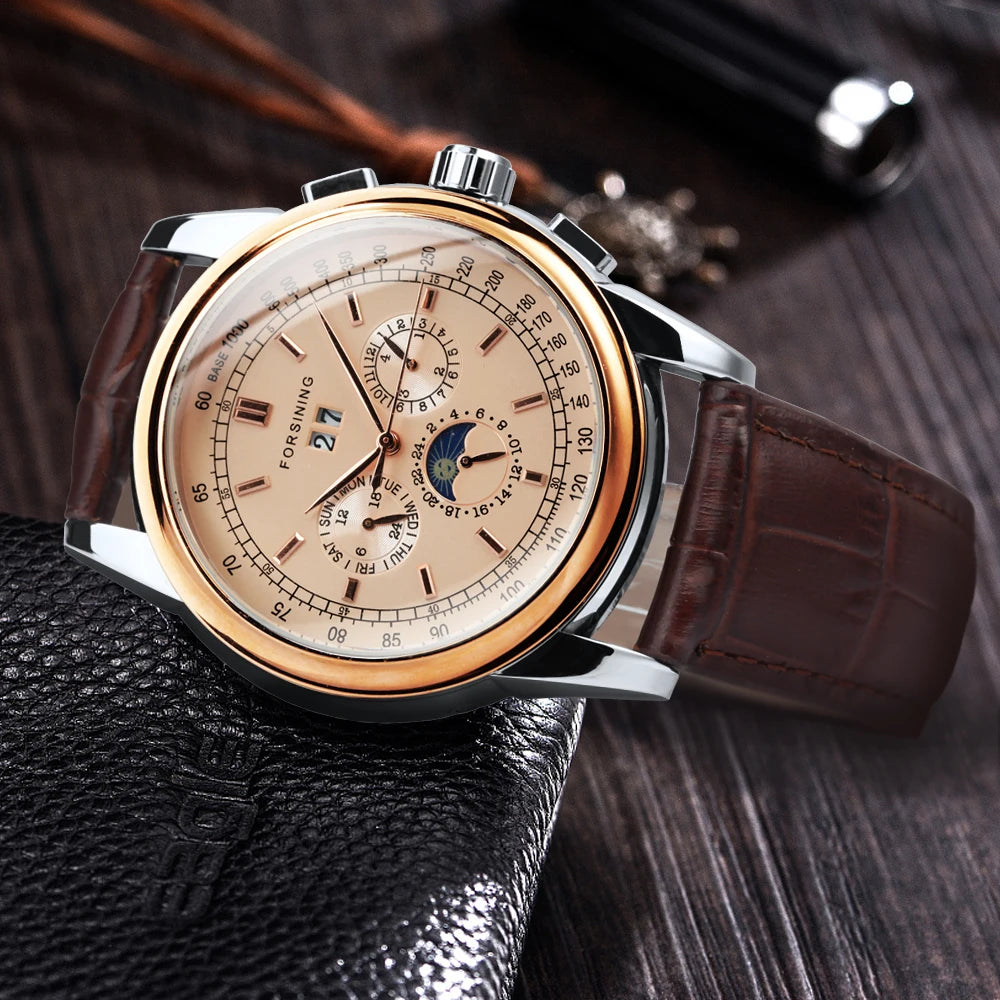 Excellence Mechanical Watches Moon Phase Shanghai Movement Rose Gold Case Brown Leather Strap Luxury Automatic Men's Watch