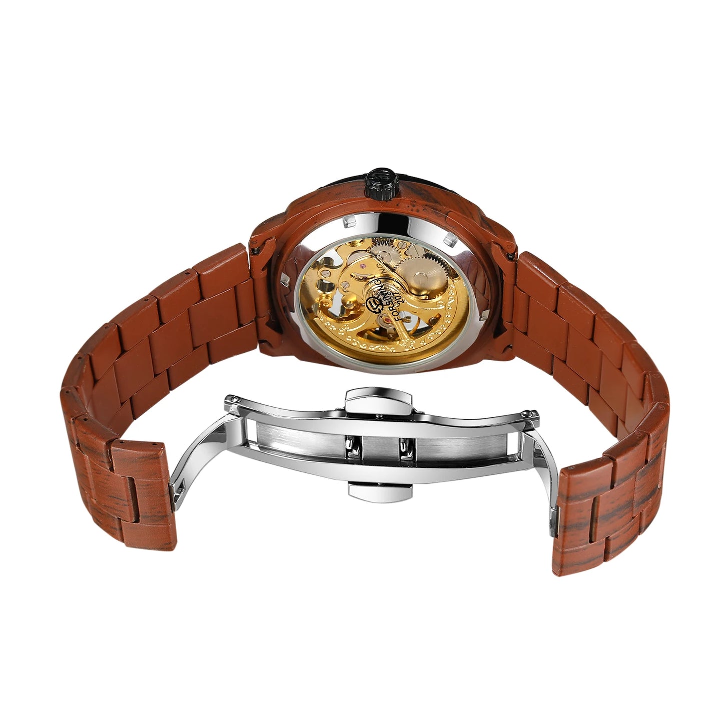 Excellence Skeleton Wristwatches Coffee Imitation Wood Grain Stainless Steel Strip Transparent Automatic Mechanical Watches Men