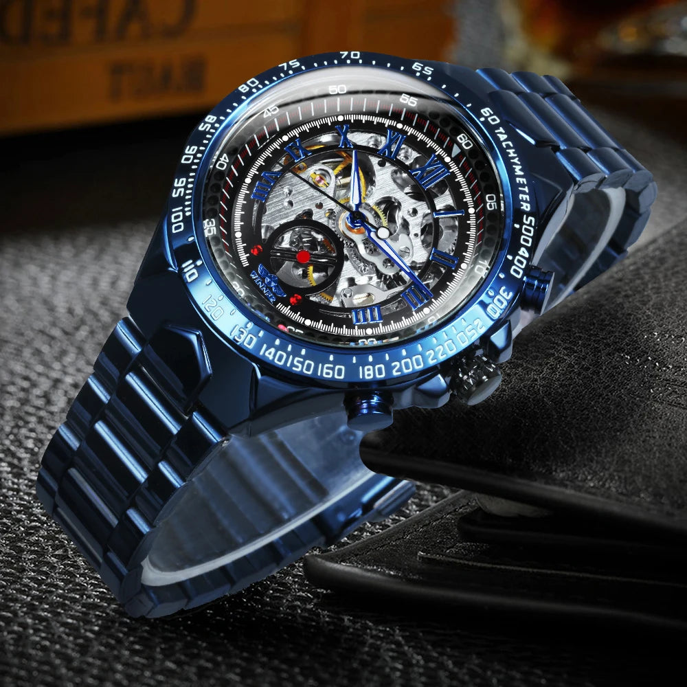 Excellence Gold Transparent Skeleton Automatic Watch for Men Luminous Pointers Luxury Brand Stainless Steel Strap Mechanical Watches