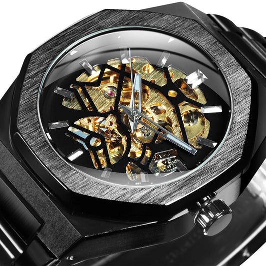 Excellence Black Gold Skeleton Watch for Men Luxury Irregular Business Automatic Mechanical Watches Stainless Steel Strap Luminous