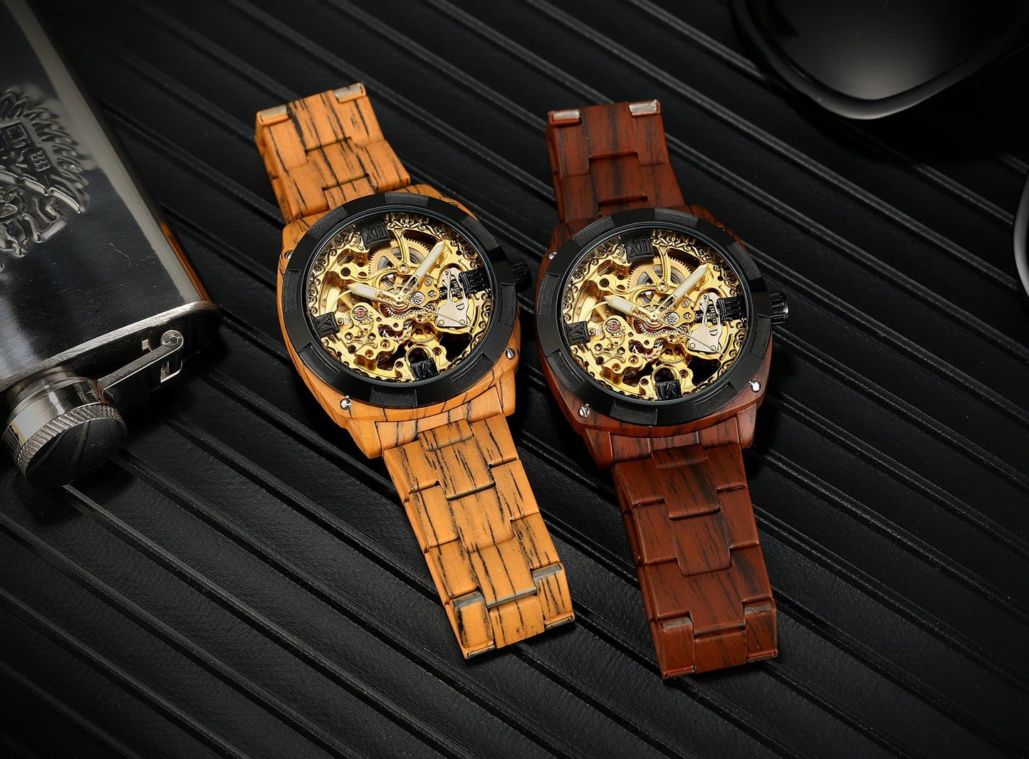 Excellence Skeleton Wristwatches Coffee Imitation Wood Grain Stainless Steel Strip Transparent Automatic Mechanical Watches Men