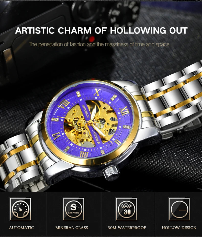 Excellence  Roman scale Skeleton Mechanical Wristwatch Retro Luminous Hands Luxury Brand Cool Men Watches Stainless Steel Waterproof