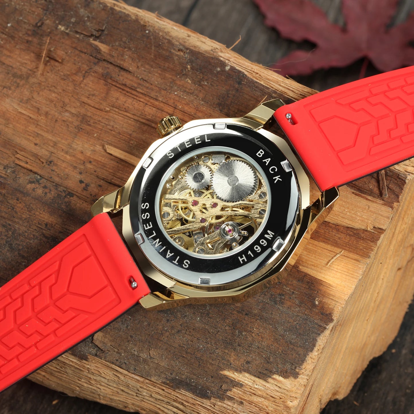 Excellence Fashion Gold Skeleton Mechanical Watches for Men Luminous Hands Casual Black Red Rubber Strap Irregular Sports Watch