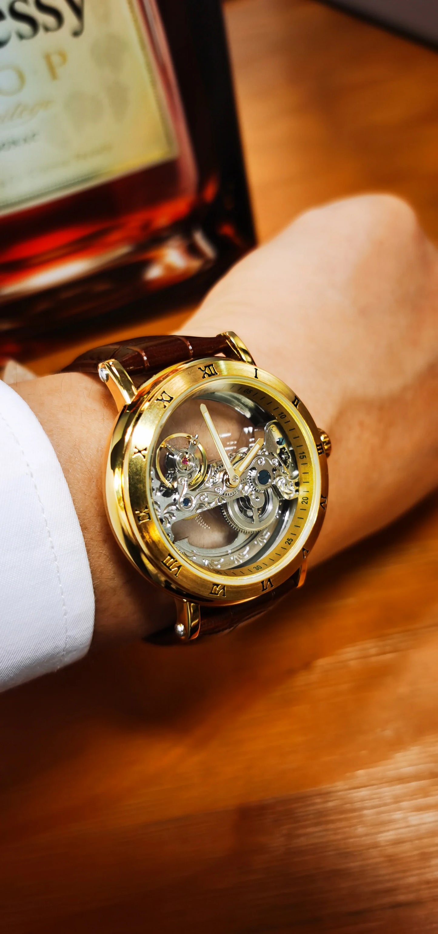 Excellence Gold Bridge Skeleton Automatic Watch for Men Luminous Hands Stainless Steel Leather Strap Luxury Mechanical Watches