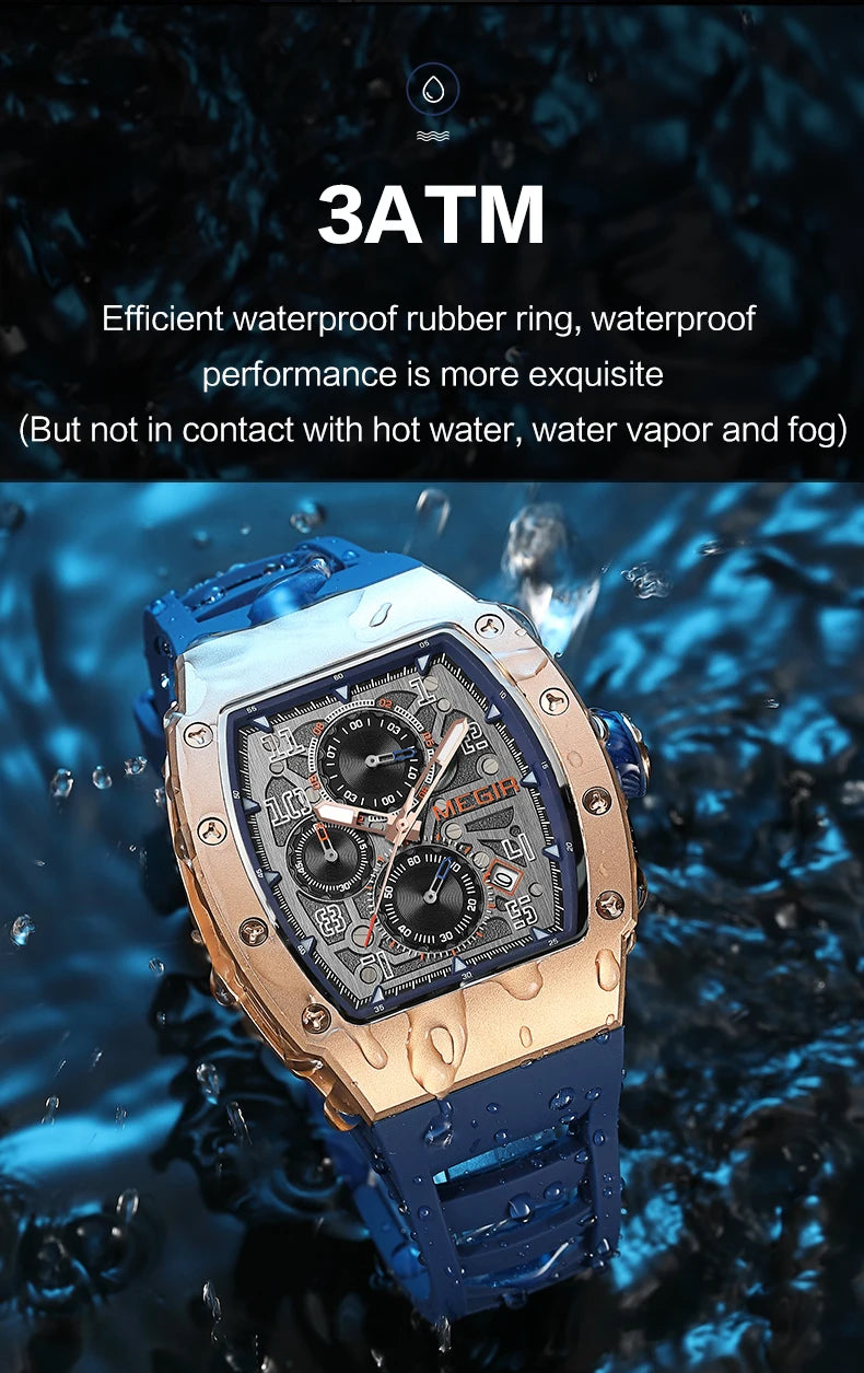 Excellence  Stainless Steel Quartz Watch for Men Fashion Waterproof Luminous Chronograph Wristwatch with Auto Date Silicone Strap