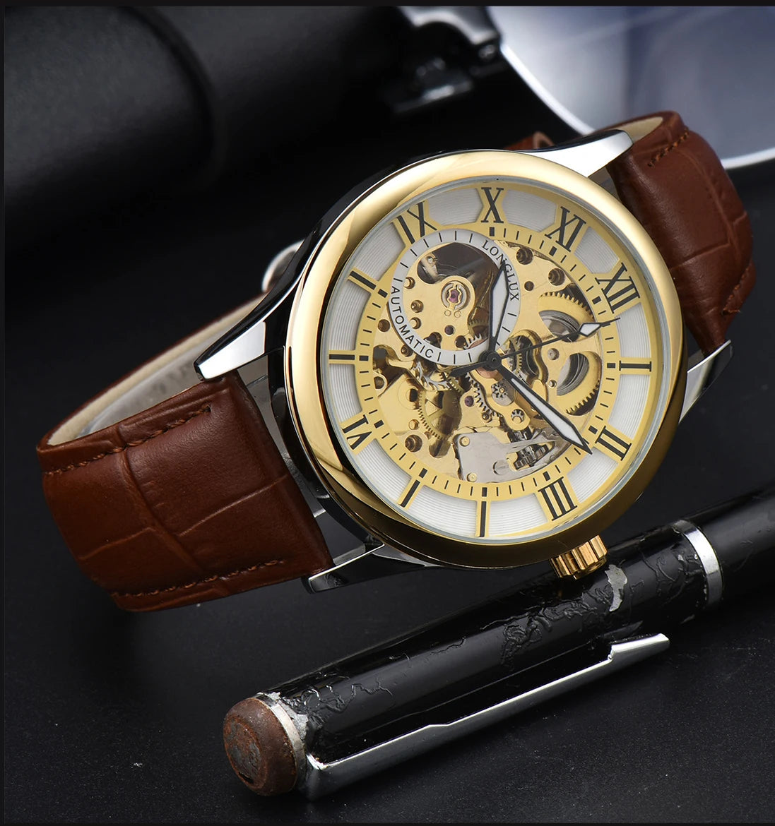 Excellence automatic watch rome wholesale mechanical wristwatches waterproof hollow leather mens watch men gift