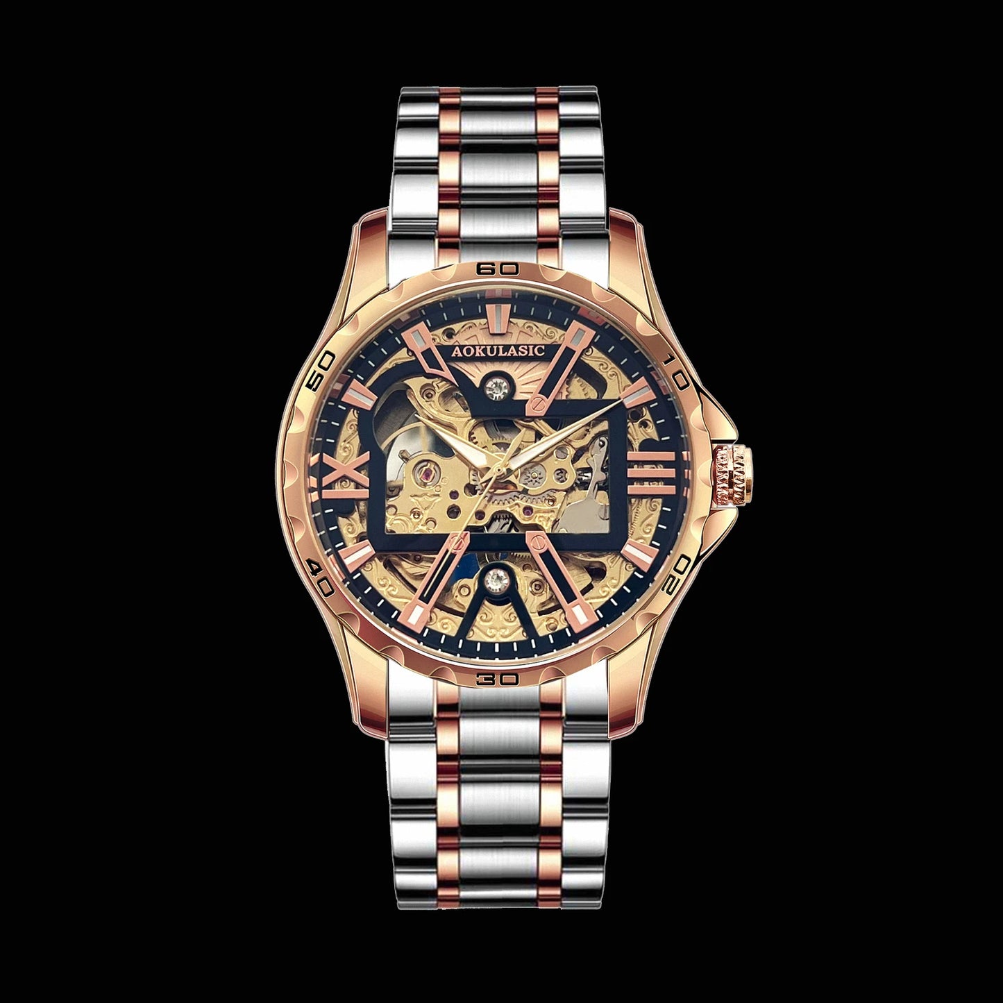 Excellence Brand Military Mechanical Watches Fashion Iced Out Gold Skeleton Automatic Watch for Men Stainless Steel Strap Luminous