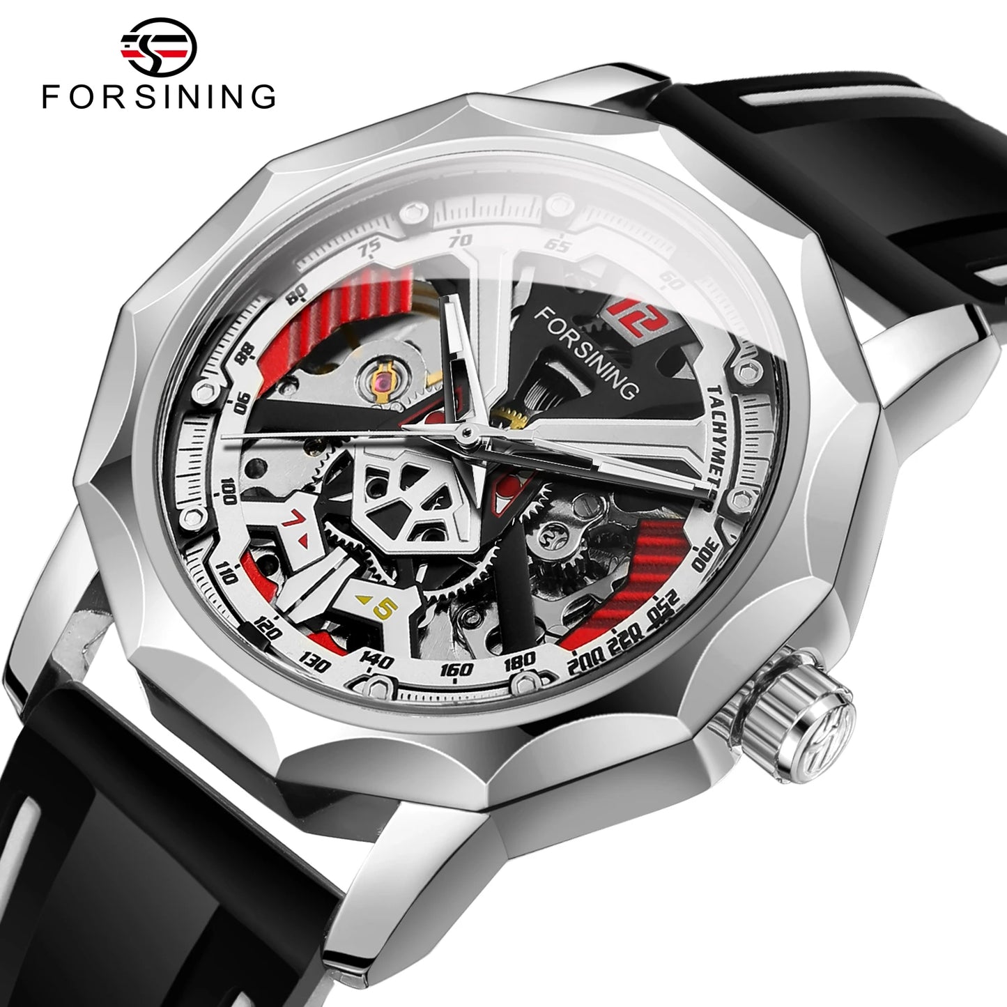 Excellence  Design Fashion Polygon Transparent Skeleton Rubber Band Men Mechanical Watch Luxury Montre Homme men