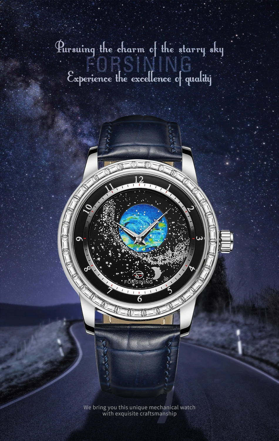 Excellence Design Earth Star Moon Set With Diamonds Genuine Belt Men Mechanical Automatic Watch Waterproof For Business