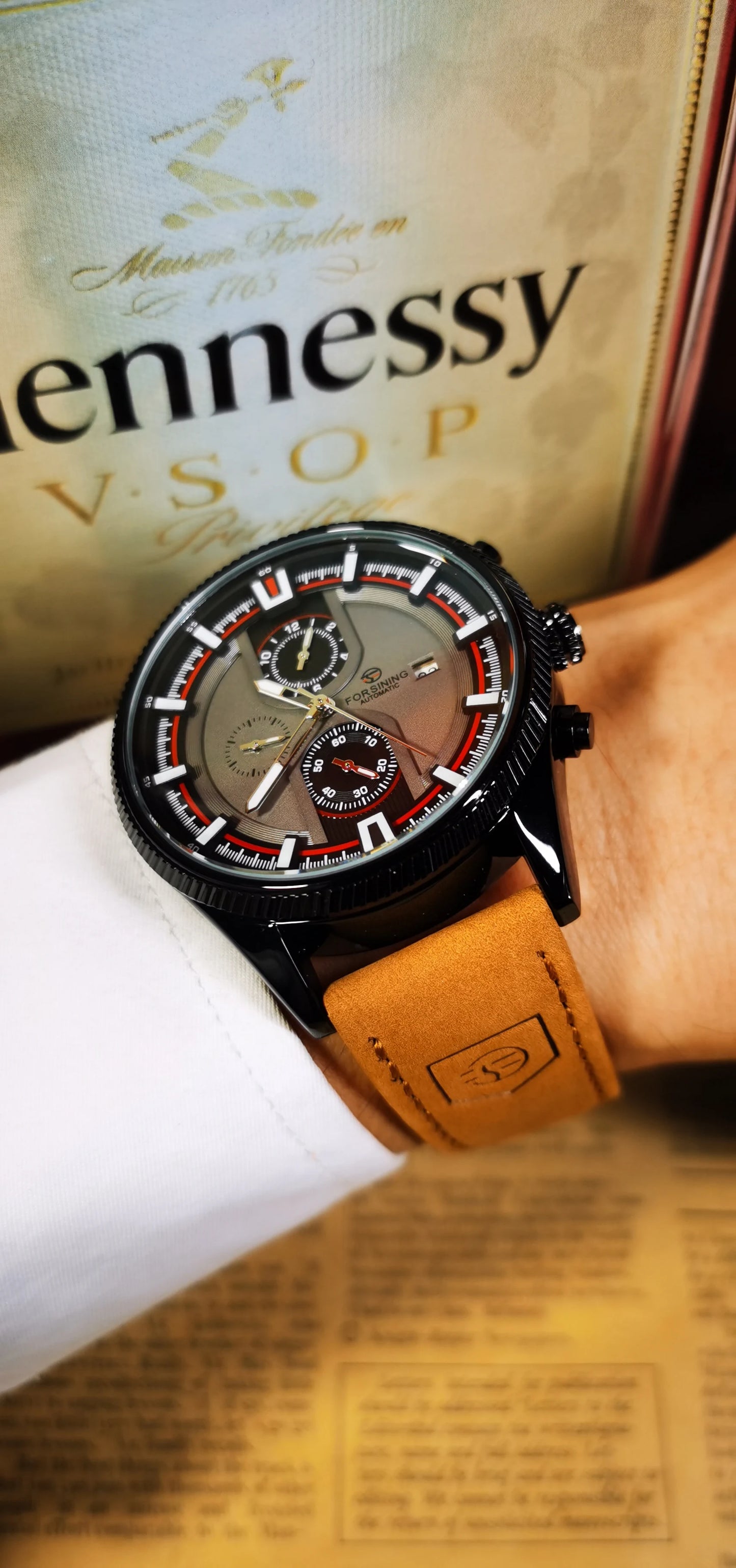 Excellence  Sports Men's Watches Top Brand Luxury Calendar Brown Leather Strap Luminous Hands Fashion Automatic Mechanical Watch