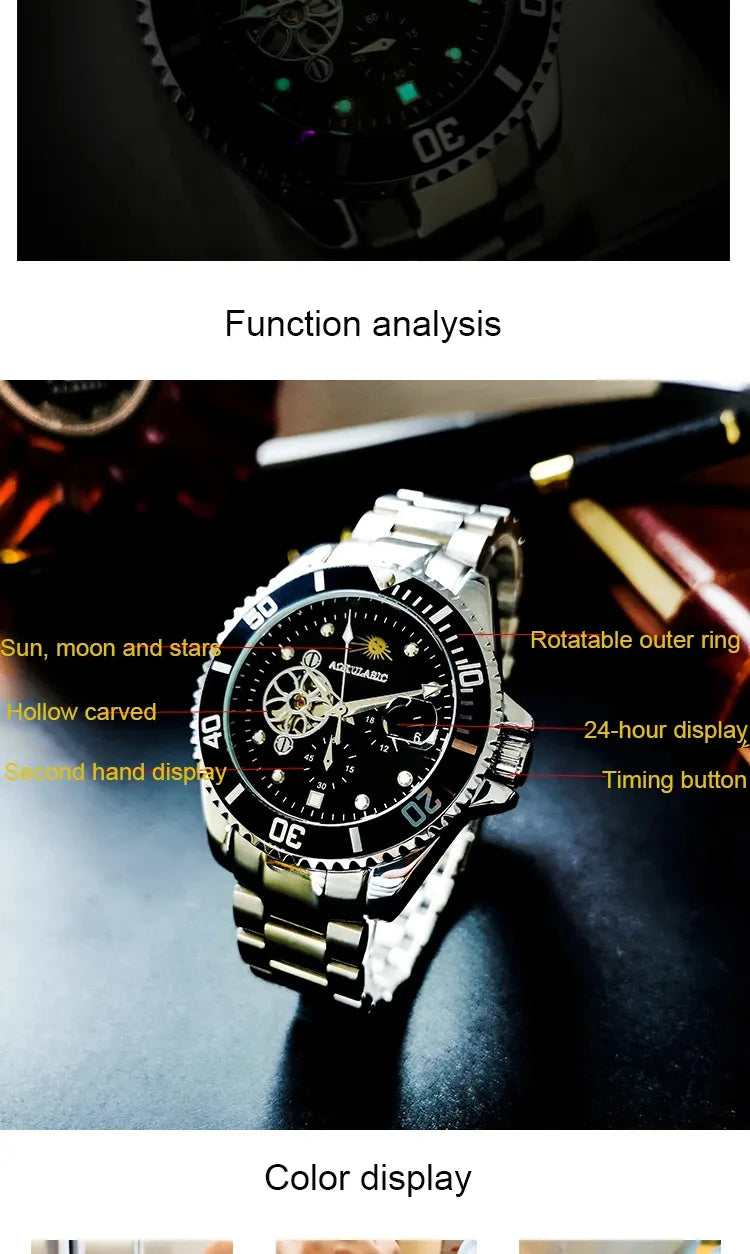 Excellence Moon Phase Skeleton Automatic Watch for Men Luminous Fashion Sports Tourbillon Mechanical Watches Stainless Steel Strap