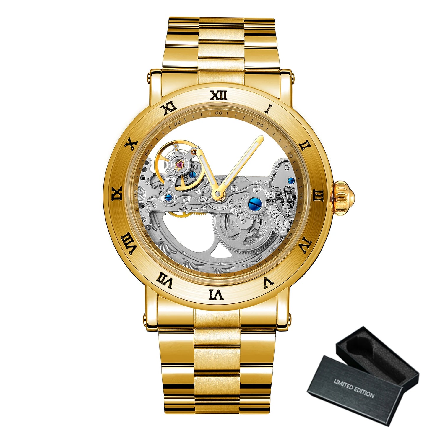 Excellence Gold Bridge Skeleton Automatic Watch for Men Luminous Hands Stainless Steel Leather Strap Luxury Mechanical Watches