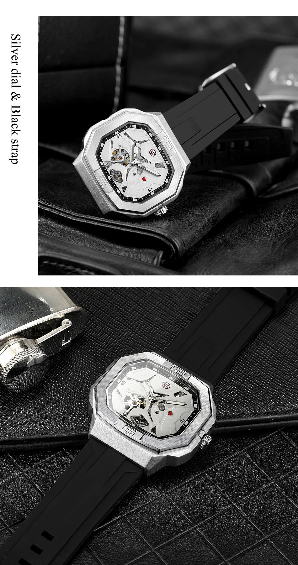 Excellence  Square Skeleton Mechanical Genuine Men Watch Automatic Movement Clock White Sports Waterproof Luxury Male Watches