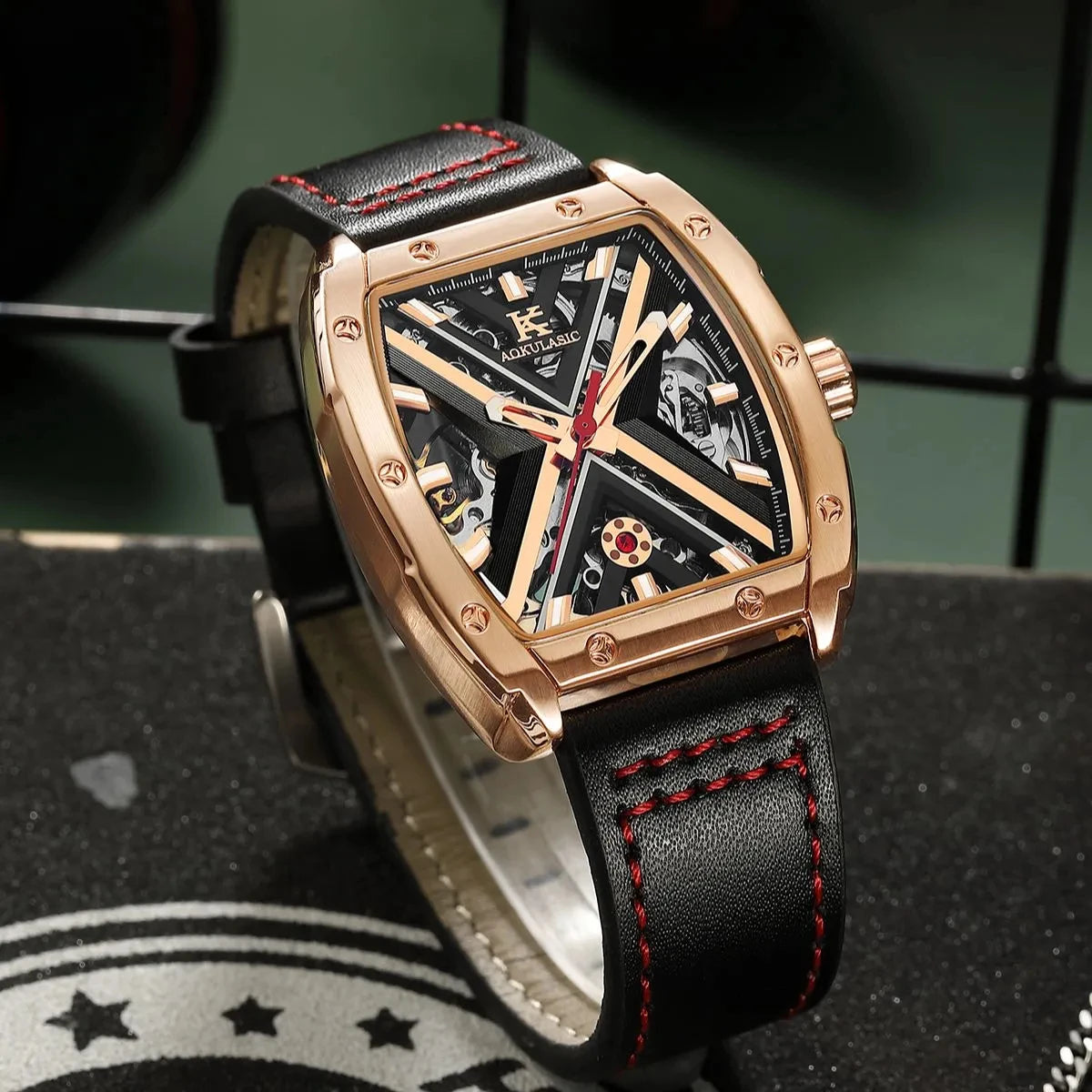 Excellence  Rose Gold Mechanical Watches Luxury Brand Skeleton Automatic Watch for Men Engraved Movement Leather Strap