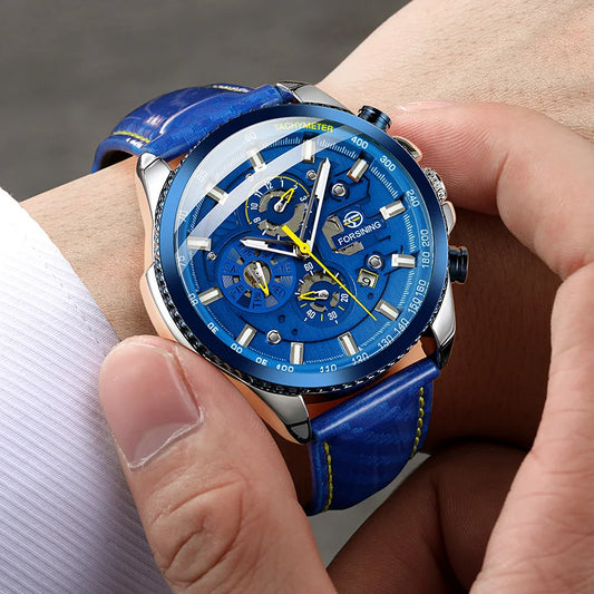 Excellence Original Waterproof Luminous Big Blue Dial Mechanical Watches Luxury Men Watch Multifunctional Automatic Date Leather Wrist