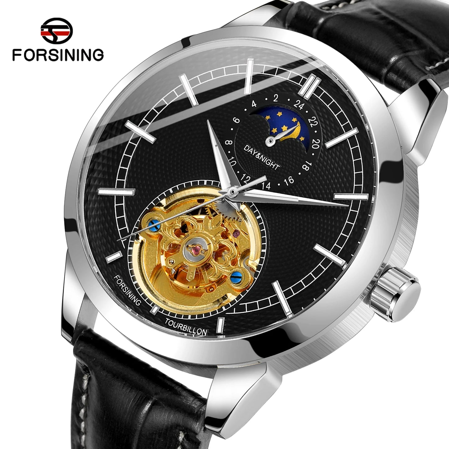 Excellence  Top Brand Hollow Tourbillon Pin Scale Full Automatic Mechanical Man Business Leather Belt Moon Phase Watch