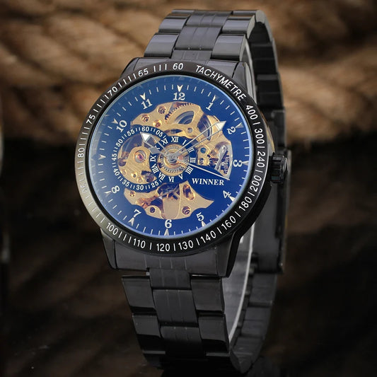 Excellence High End Luxury Blue Glass Stainless Steel Skeleton Mechanical Automatic Man Watches Fashion Classics Waterproof Male Watch