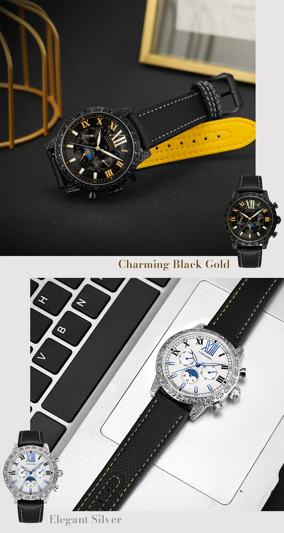 Excellence Design New Men Watches Top Luxury Automatic Mechanical Moon Phase Auto Date Leather Wrist watch Waterproof watch