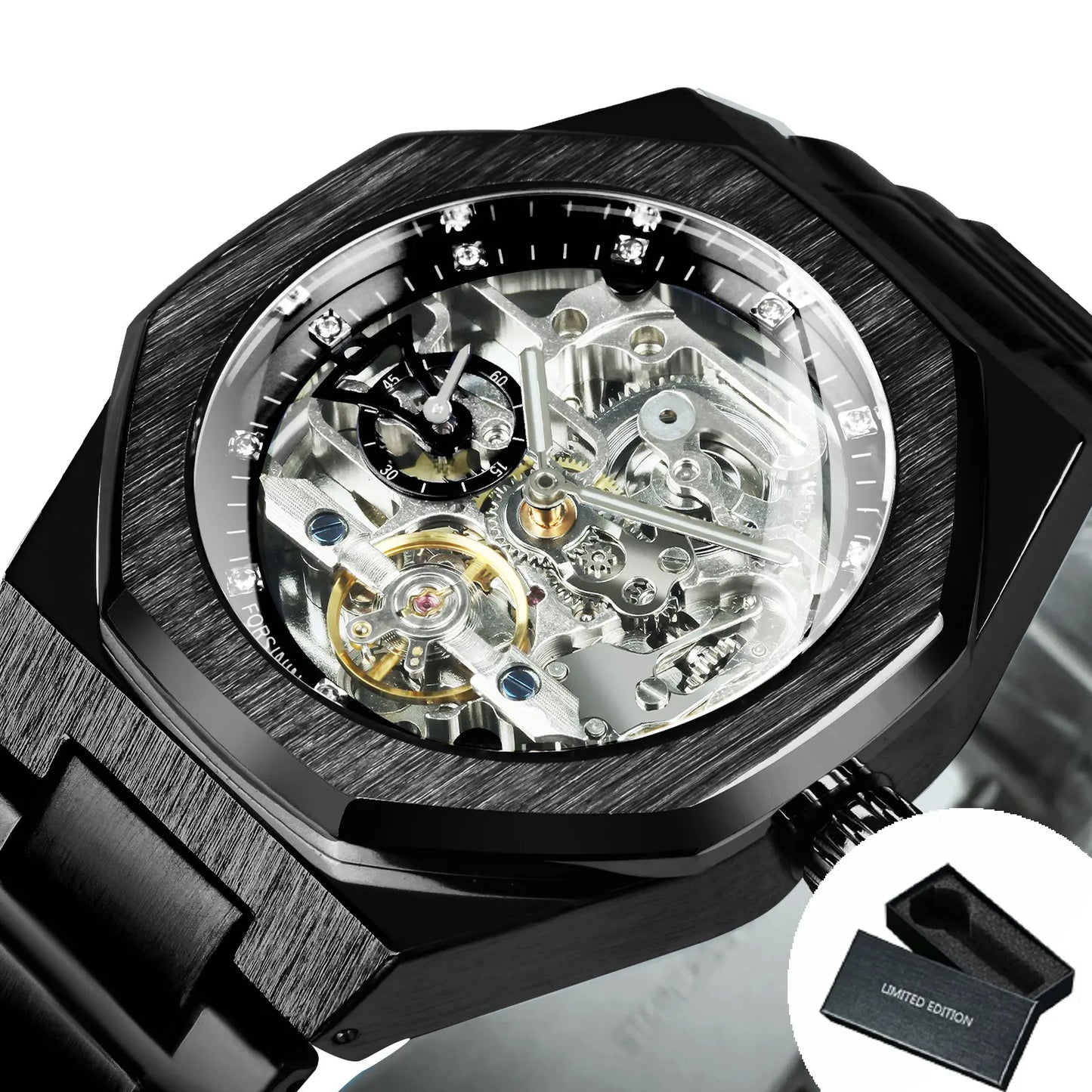 Excellence Silver Automatic Watch Men 3D Diamond Dial Irregular Tourbillon Skeleton Mechanical Wristwatches Luminous Hands