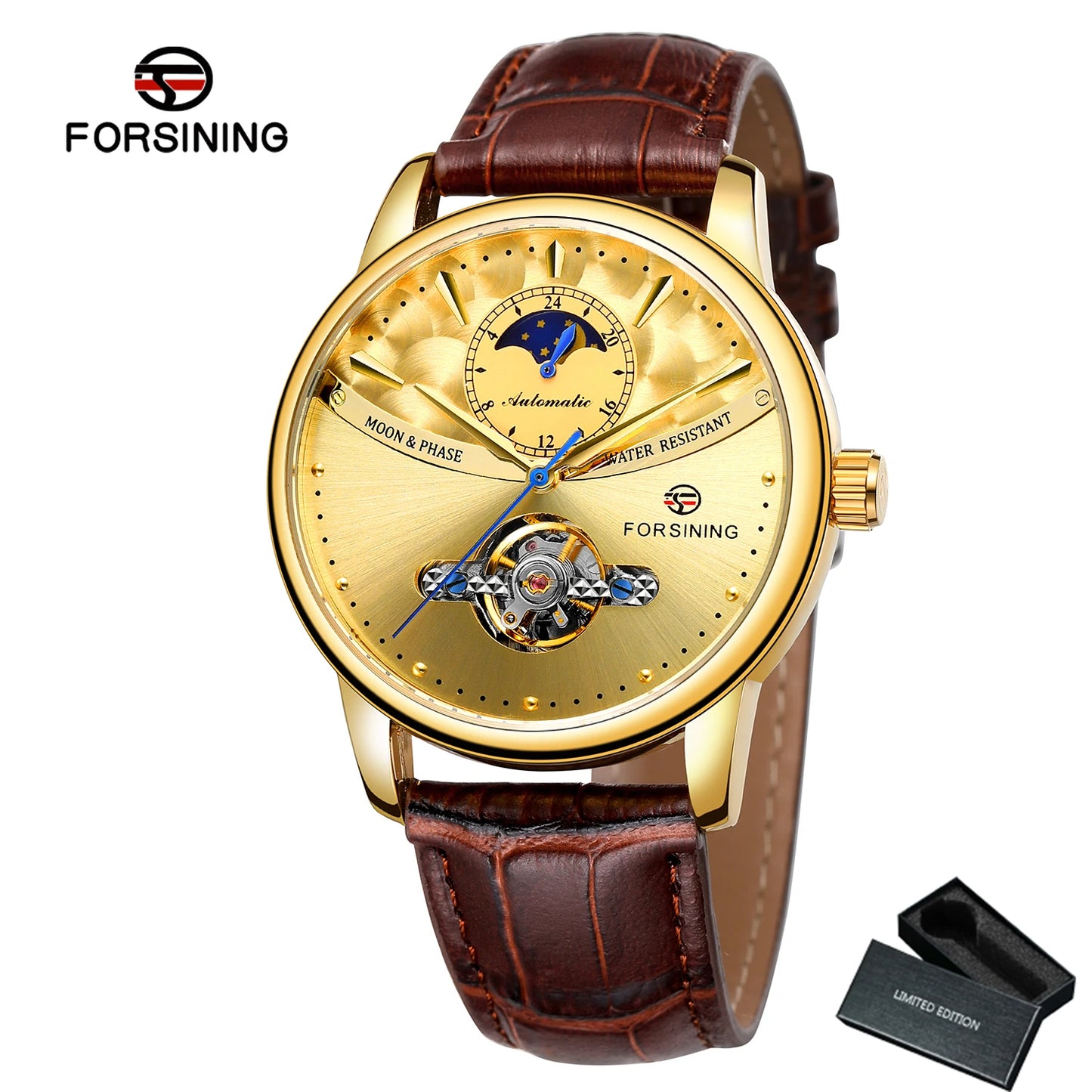 Excellence Luxury Gold Automatic Watch for Men Moon Phase Retro Brown Genuine Leather Belt Tourbillon Skeleton Mechanical Watch