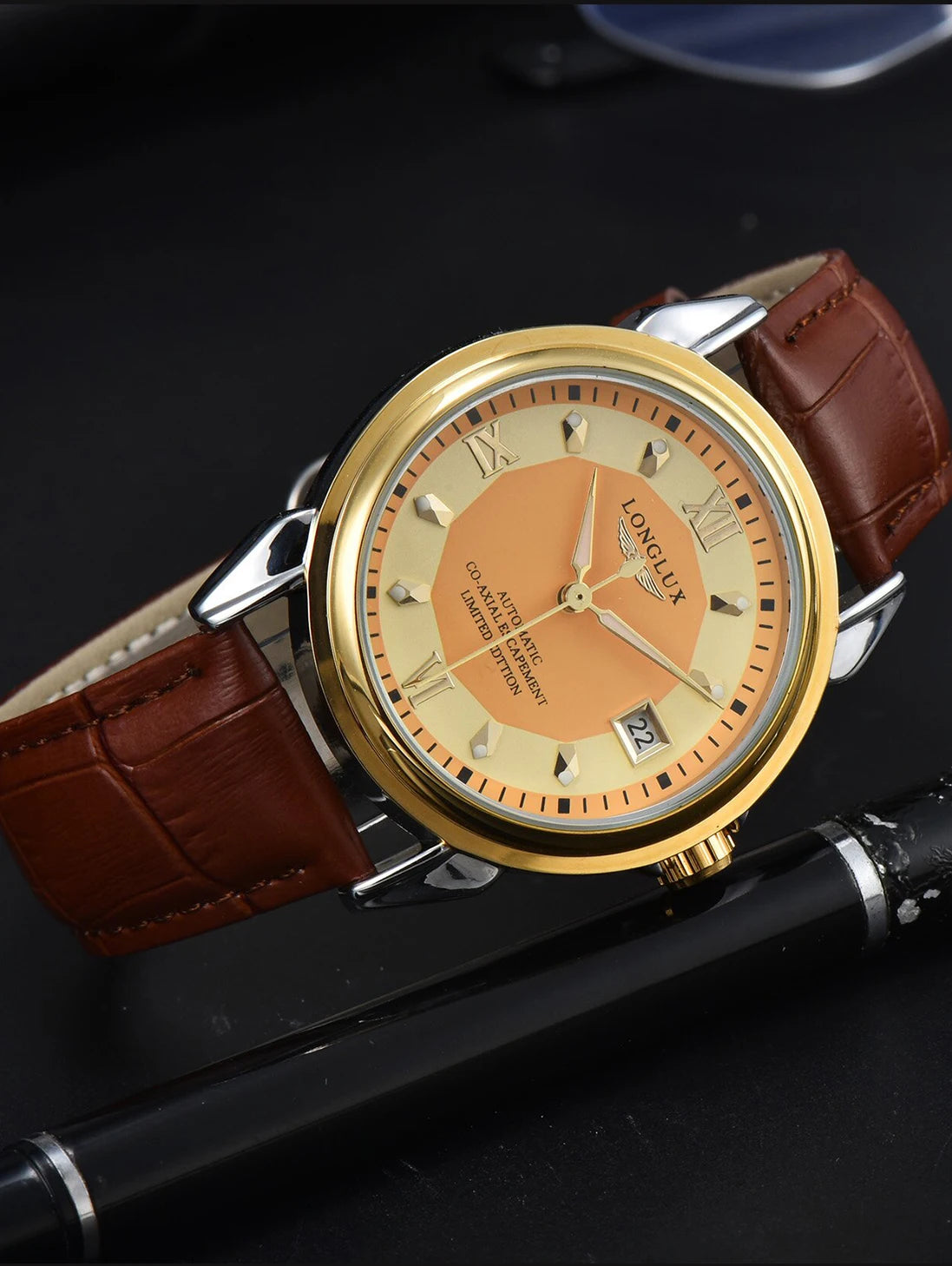 Excellence automatic watch business leisure dating wholesale mechanical wristwatches waterproof leather date men's watch.