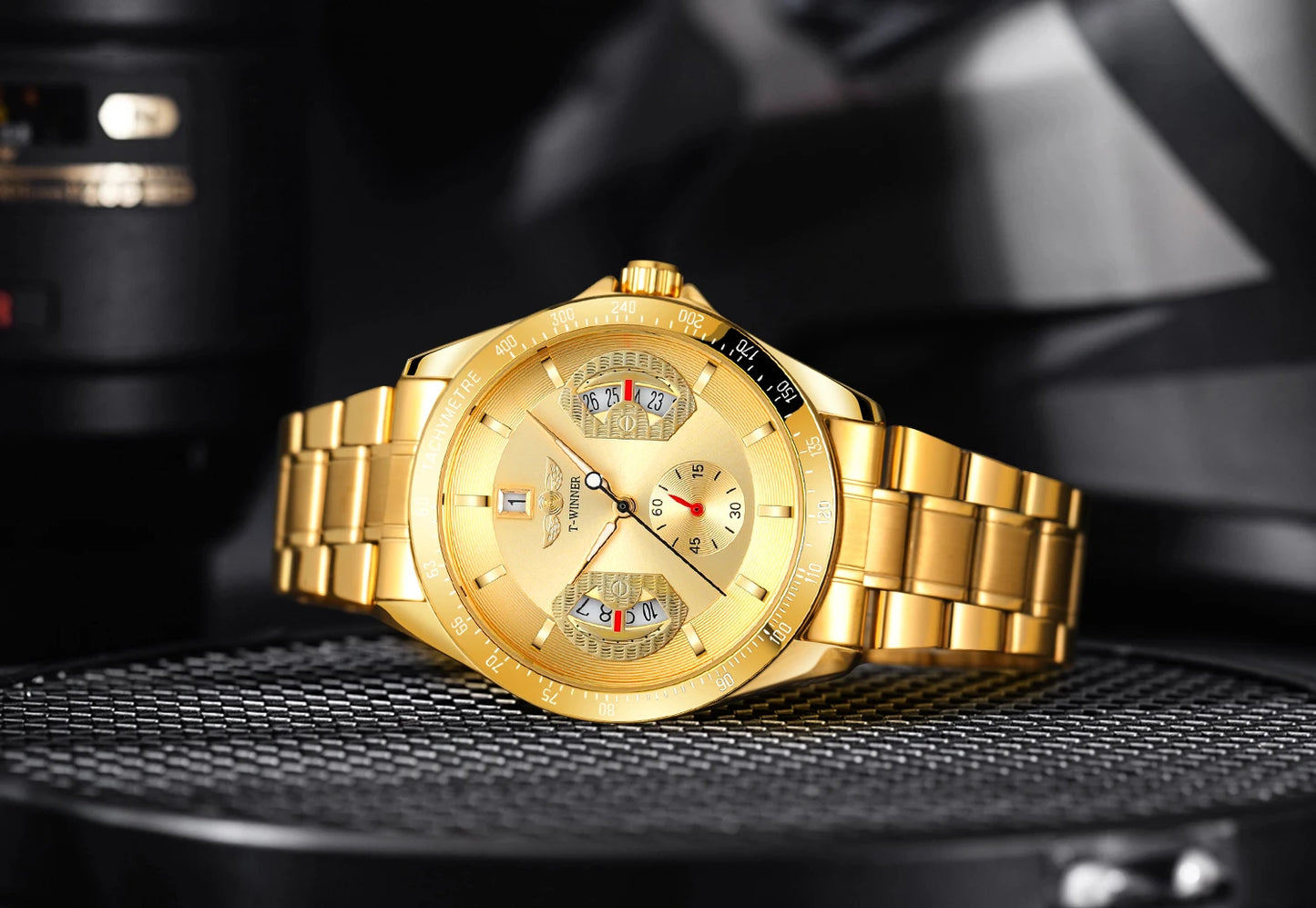 Excellence Sports Gold Automatic Watch for Men Date Display Luminous Hands Stainless Steel Strap Top Brand Luxury Mechanical Watch