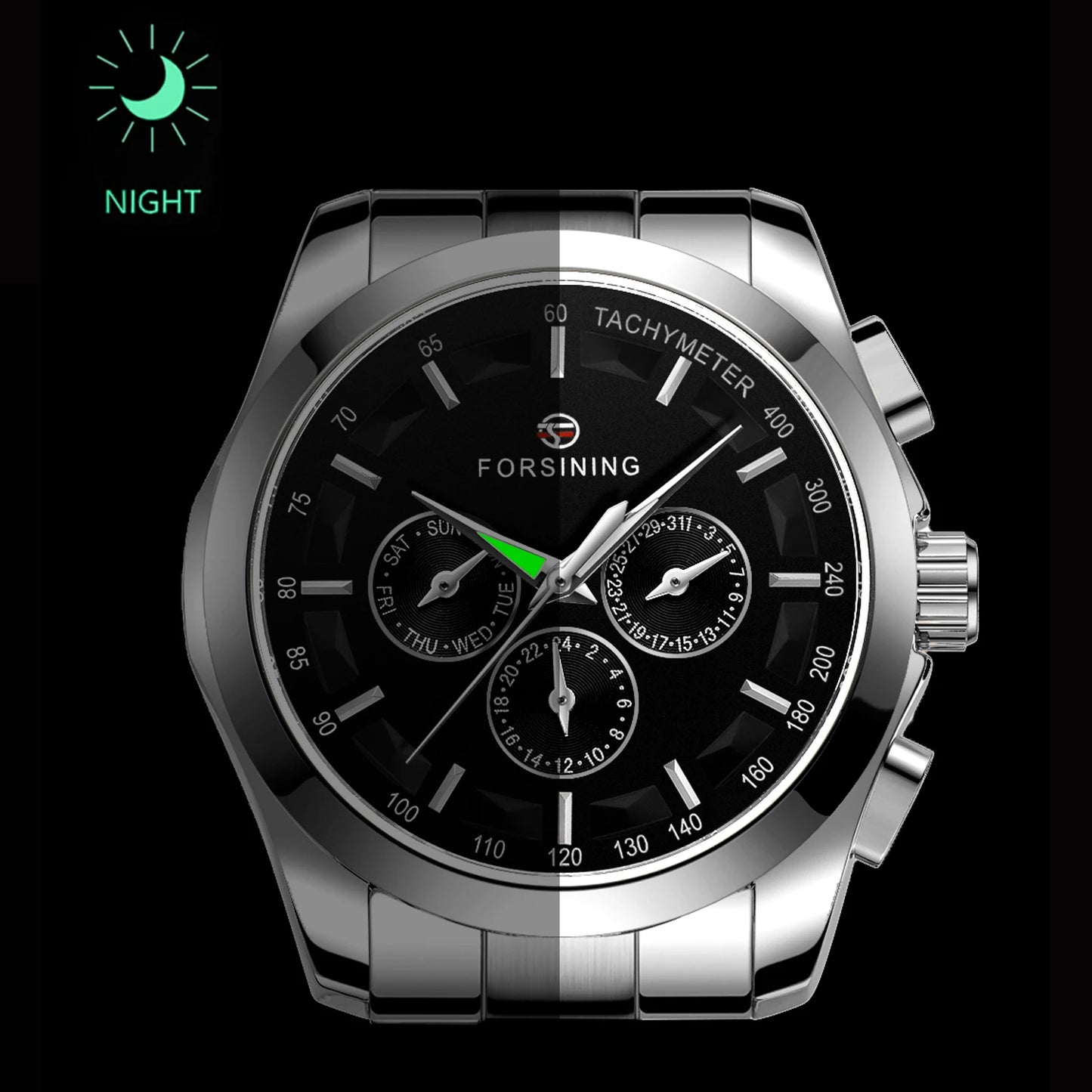 Excellence  Sports Men's Watch Multifunction Automatic Mechanical Watches Luminous Hands Stainless Steel Band Military Wristwatch