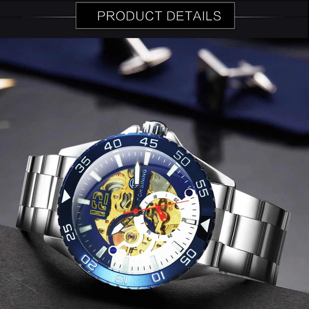 Excellence Skeleton Men's Watch Blue Rotatable Bezel Luxury Automatic Mechanical Watches Stainless Steel Band Wristwatch