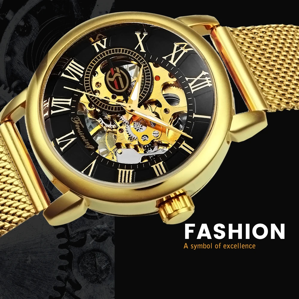 Excellence Classic Gold Mechanical Watch Retro Transparent Skeleton Men's Watches Top Brand Luxury Mesh Stainless Steel Strap Glow