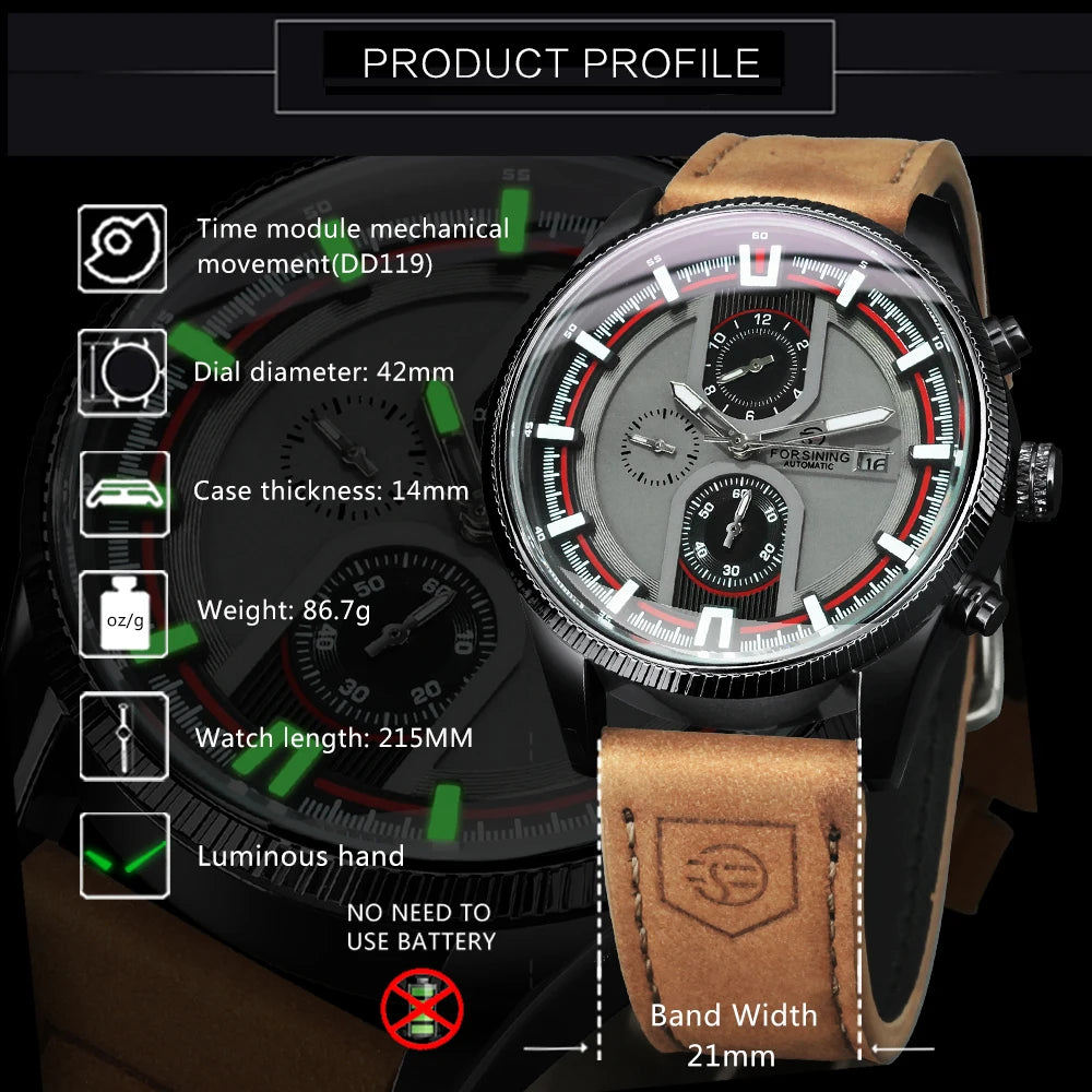 Excellence  Sports Men's Watches Top Brand Luxury Calendar Brown Leather Strap Luminous Hands Fashion Automatic Mechanical Watch