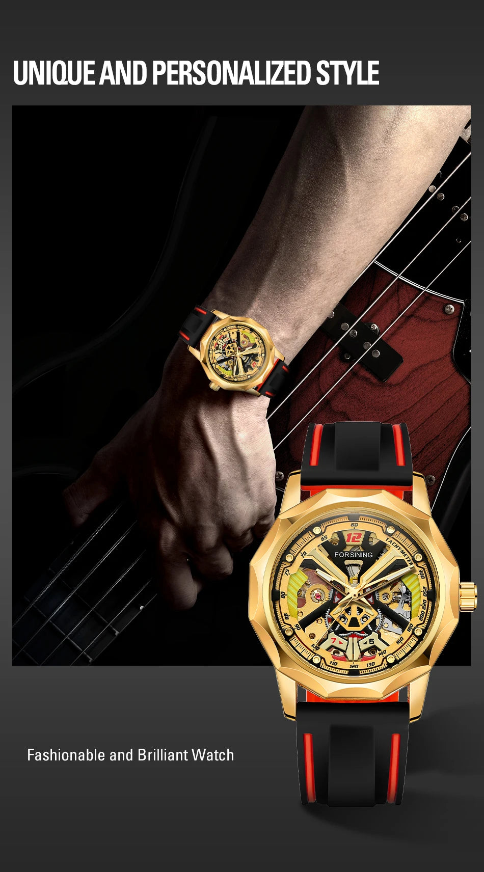 Excellence  Design Fashion Polygon Transparent Skeleton Rubber Band Men Mechanical Watch Luxury Montre Homme men