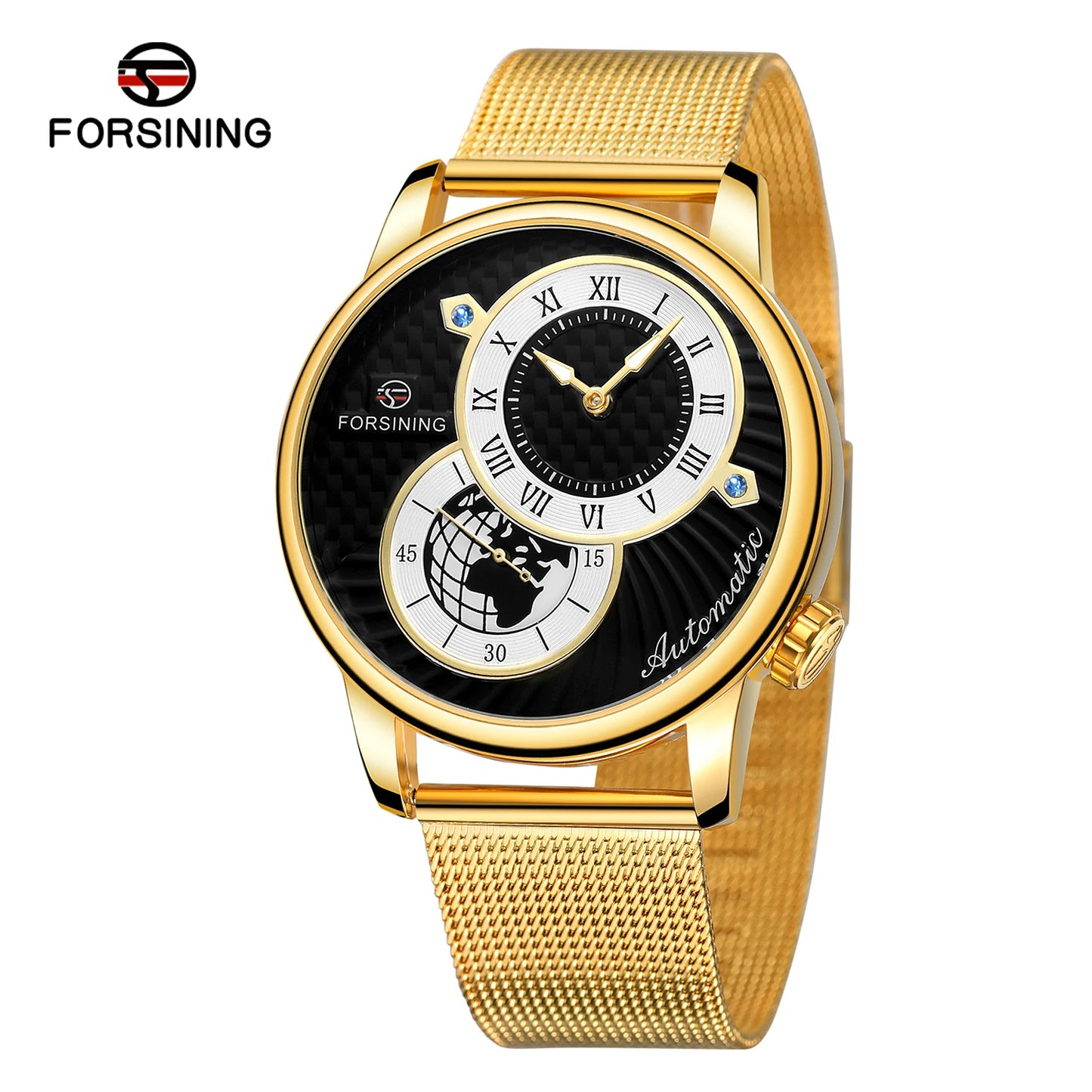 Excellence Earth Image Two Dial Automatic Self-Wind Mechanical Watch Fashion Men watch Waterproof Mesh strap