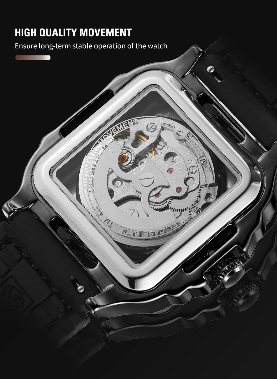 Excellence Original Square Skeleton Mechanical Men Watch Automatic Movement Clock Field Sport Rubber Band Luxury Replica Watches