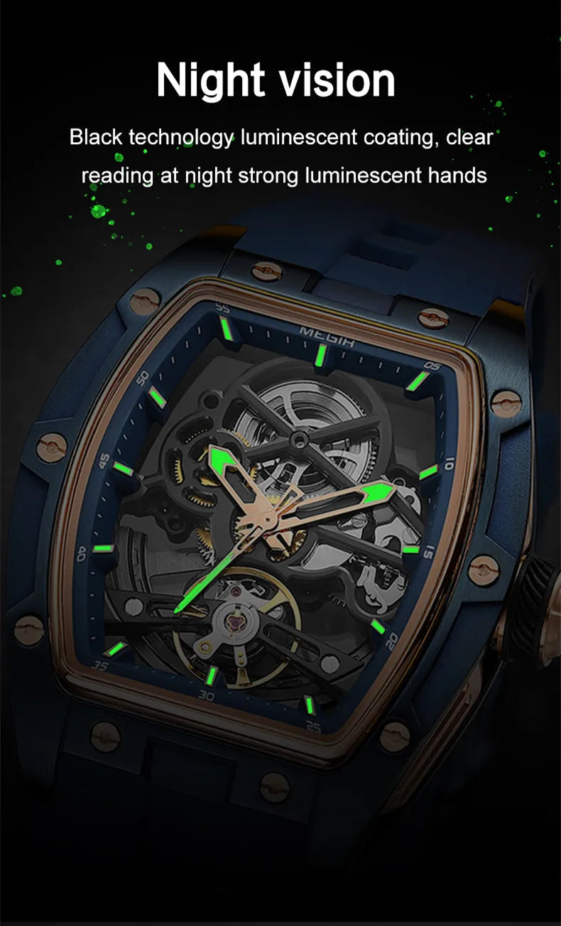 Excellence Luxury Brand Sport Watch for Men Silicone Mechanical Watches Hollow Full Automatic Movement Luminous Wristwatch