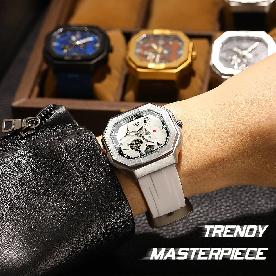 Excellence  Square Skeleton Mechanical Genuine Men Watch Automatic Movement Clock White Sports Waterproof Luxury Male Watches