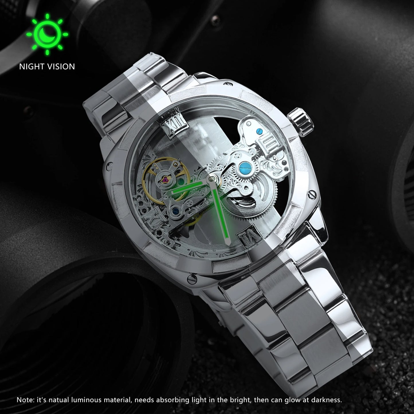 Excellence Luxury Square Skeleton Automatic Men's Watch Golden Bridge Dial Carved Movement Mechanical Waterproof Watches Steel Strap