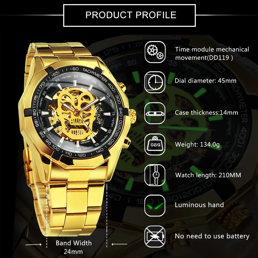 Excellence Classic Military Automatic Watch for Men Luminous Dial Sports Skull Skeleton Mechanical Watches Luxury Steel Band Clock