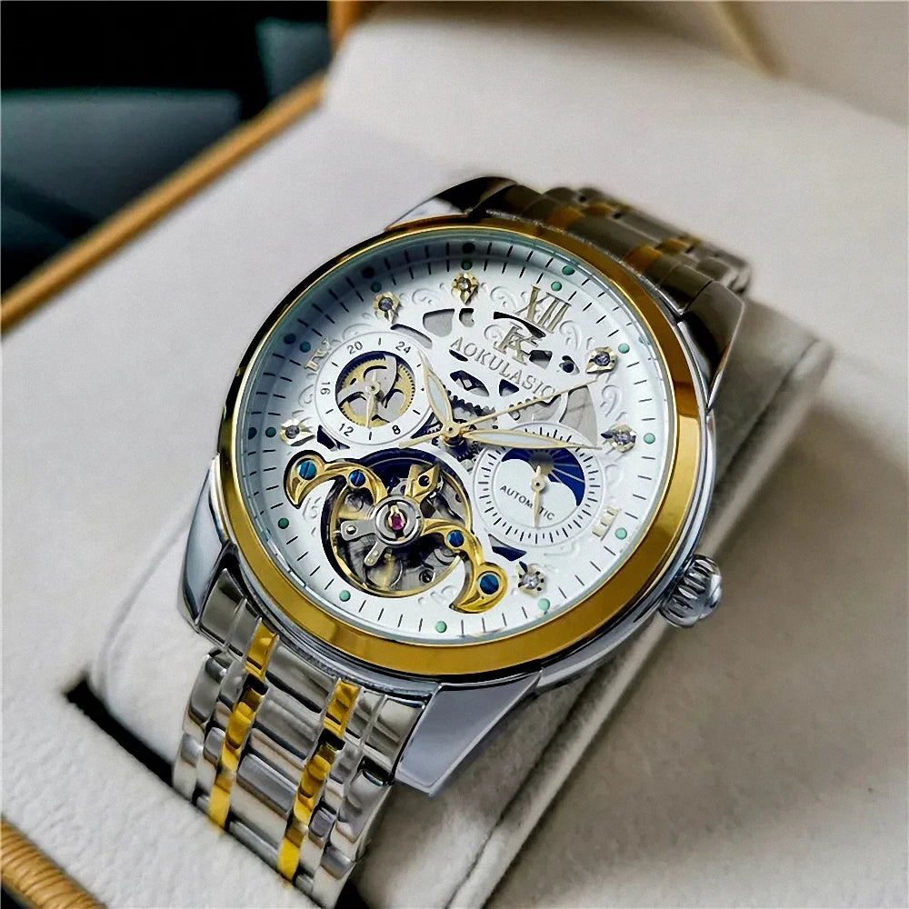 Excellence Luxury Mechanical Watches Moon Phase Fashion Diamond Luminous Hands Tourbillon Skeleton Automatic Men's Watch Steel Strap