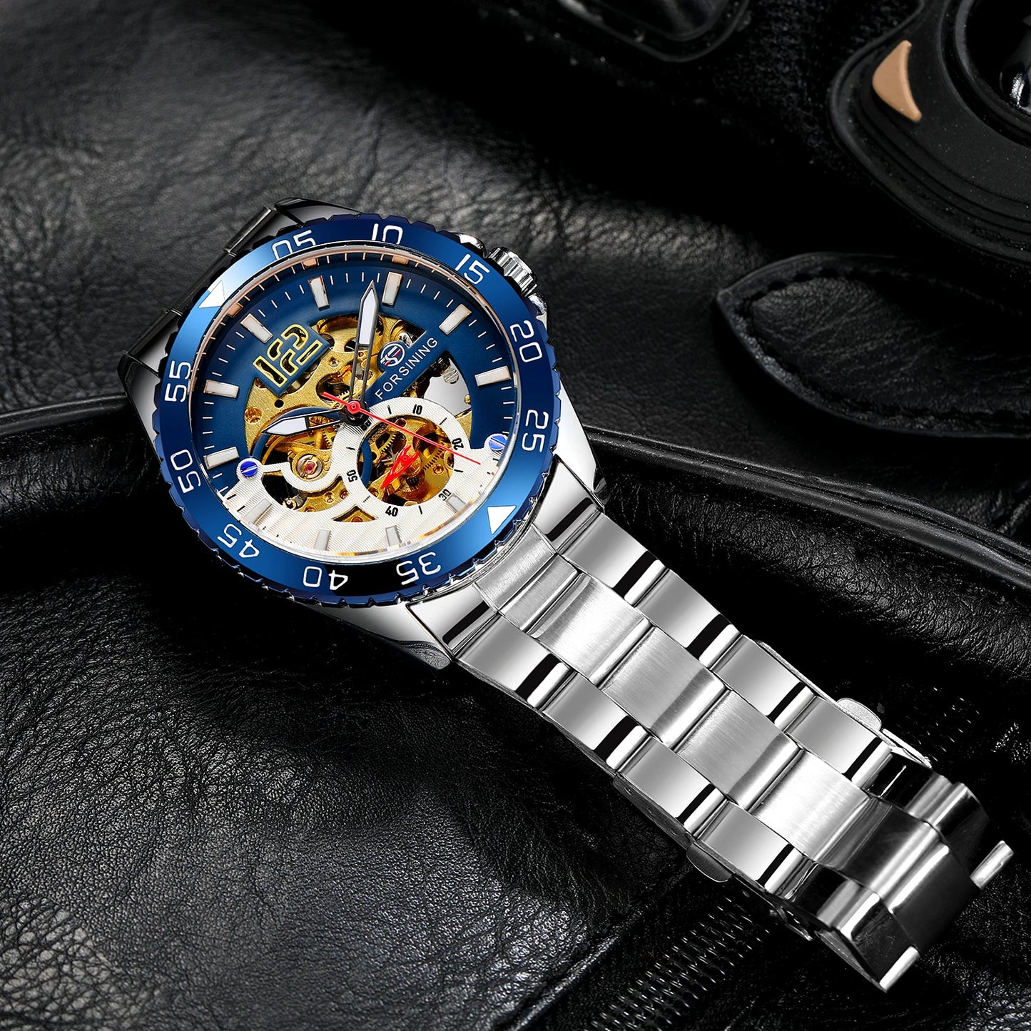 Excellence Skeleton Men's Watch Blue Rotatable Bezel Luxury Automatic Mechanical Watches Stainless Steel Band Wristwatch