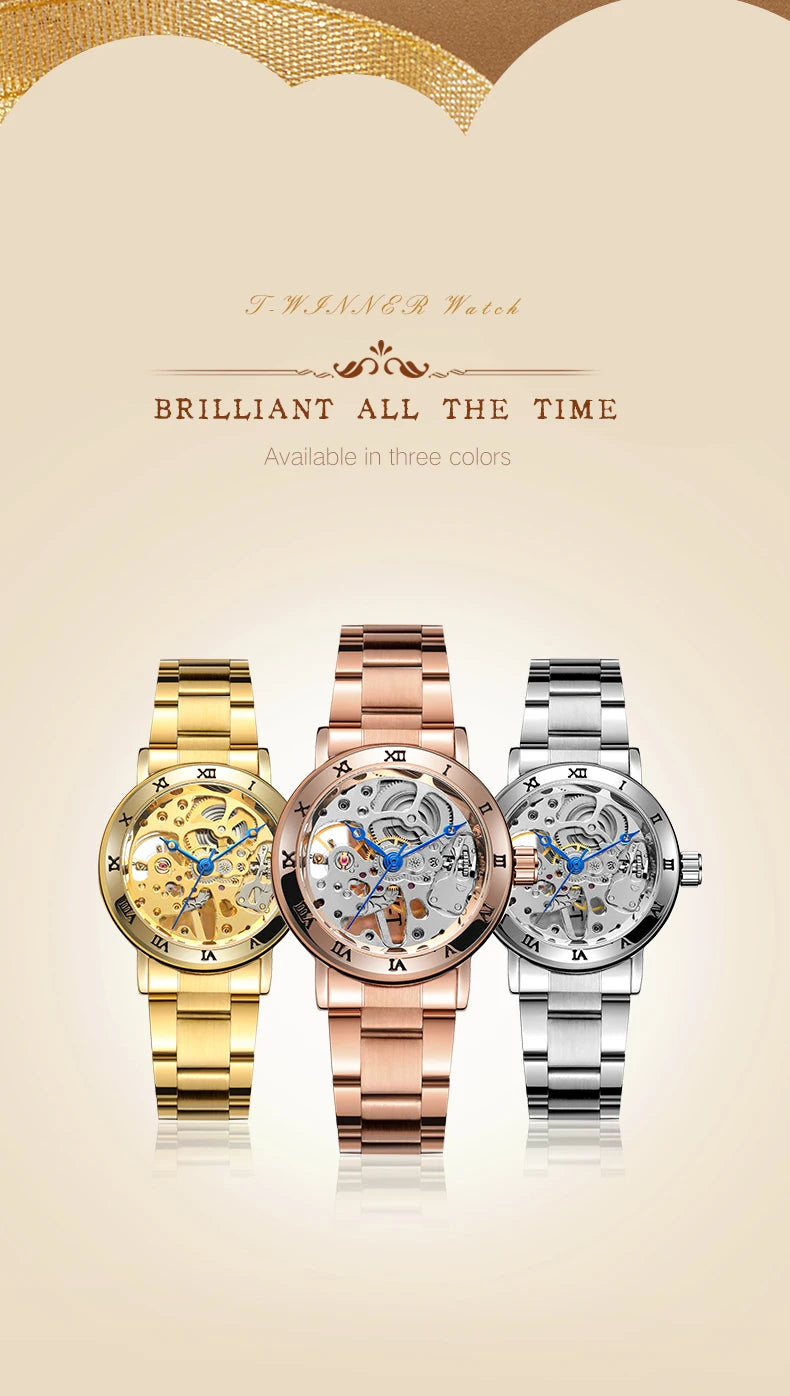 Excellence Skeleton Dial Stainless Steel Exquisite Watch Rose Golden Women Fashion Watch Luxury Brand Waterproof Mechanical movement.