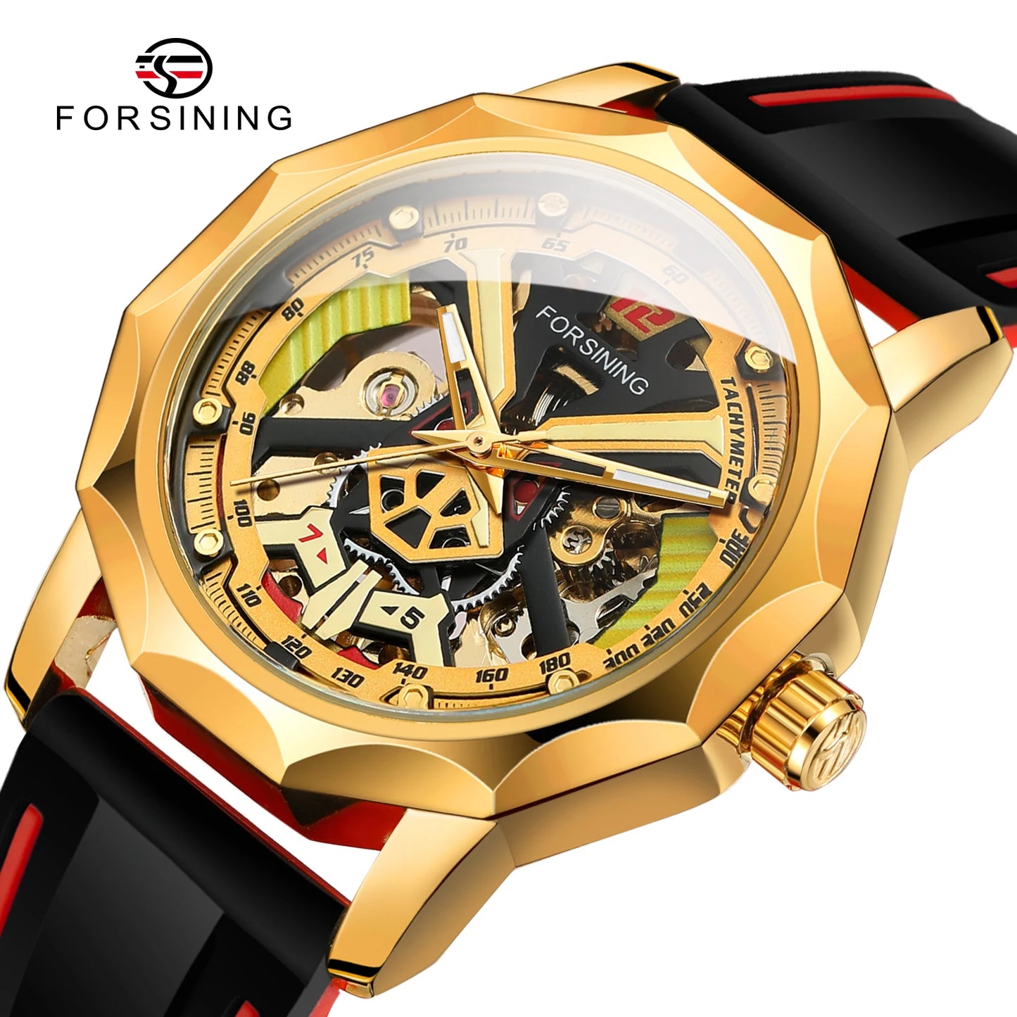 Excellence  Design Fashion Polygon Transparent Skeleton Rubber Band Men Mechanical Watch Luxury Montre Homme men