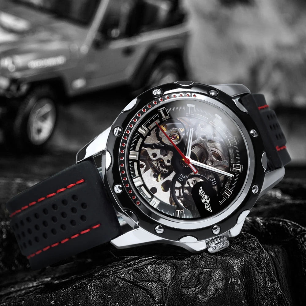 Excellence Sports Outdoor Mechanical Watch for Men Luminous Hands Black Skeleton Automatic Watches Luxury Brand Rubber Strap Clock