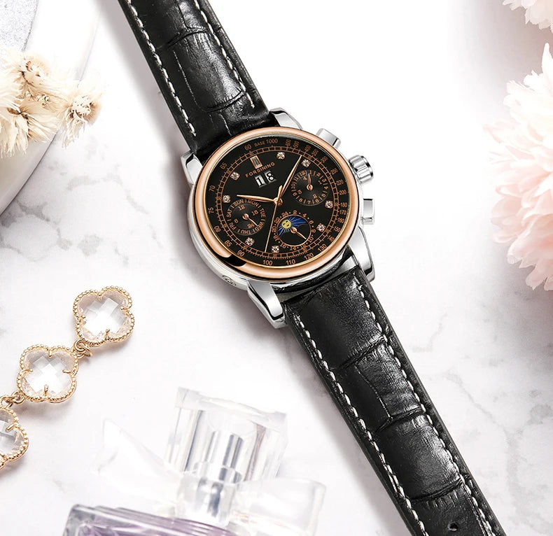 Excellence Women Automatic Mechanical Fashion Luxury Wrist Watches Ladies Diamond Moon Phase Multifunctional.